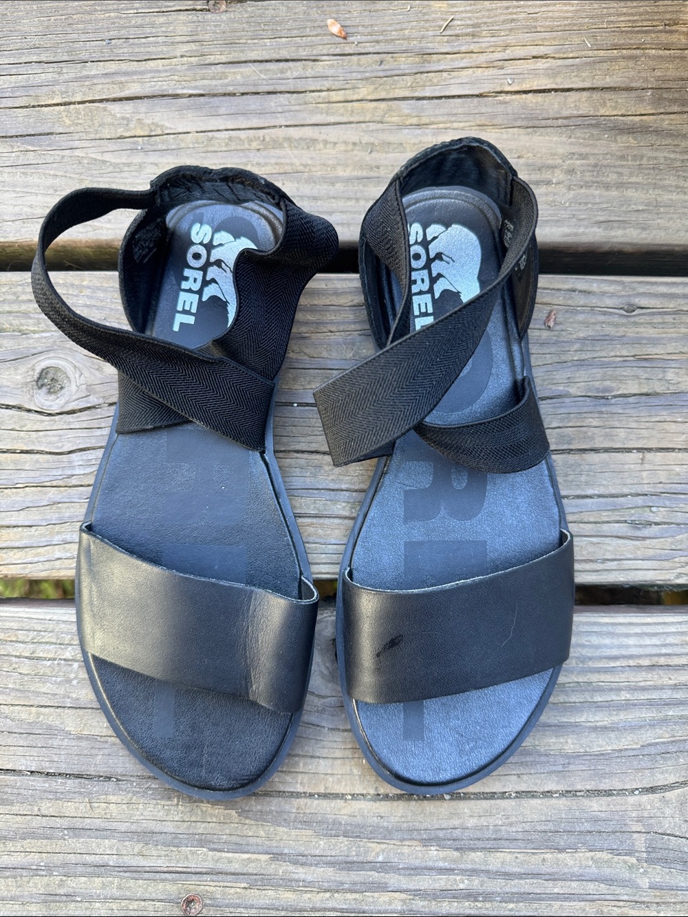 Sorel Black Leather & Elastic Strap Sandals